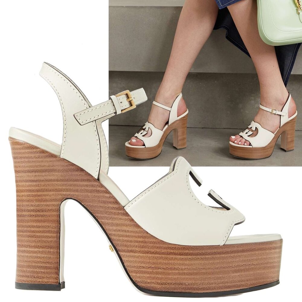 GUCCI SHOES INTERLOCKING G LOGO CUTOUT LEATHER PLATFORM SANDALS sz 40.5 10.5